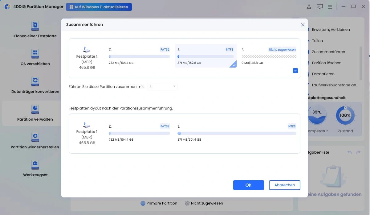 Wählen Sie eine Partition oder geben Sie die Zuordnung zur Zielpartition auf