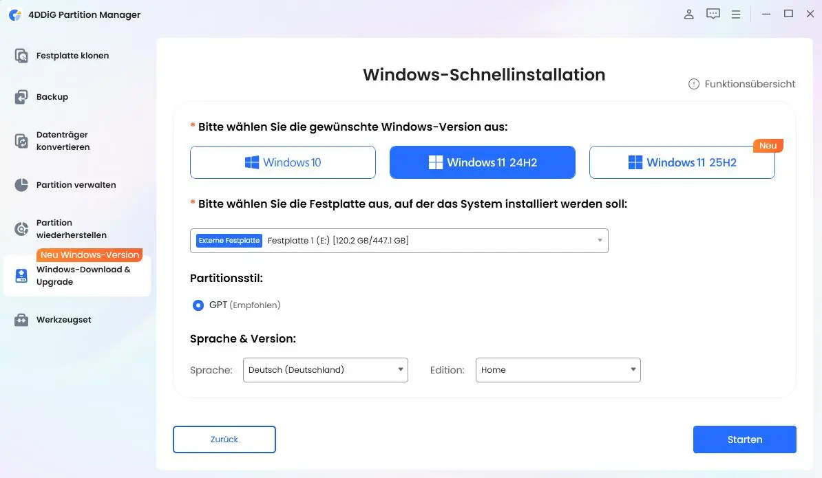 Klicken Sie auf Start für die Windows Schnellinstallation