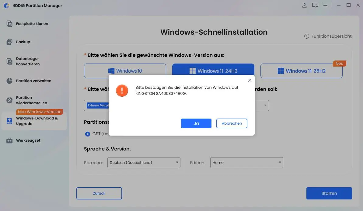 Bestätigen Sie mit Sicher zur Installation
