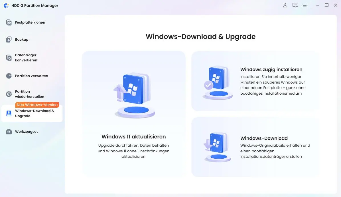 Windows 11 Upgrade im 4DDiG Partition Manager auswählen