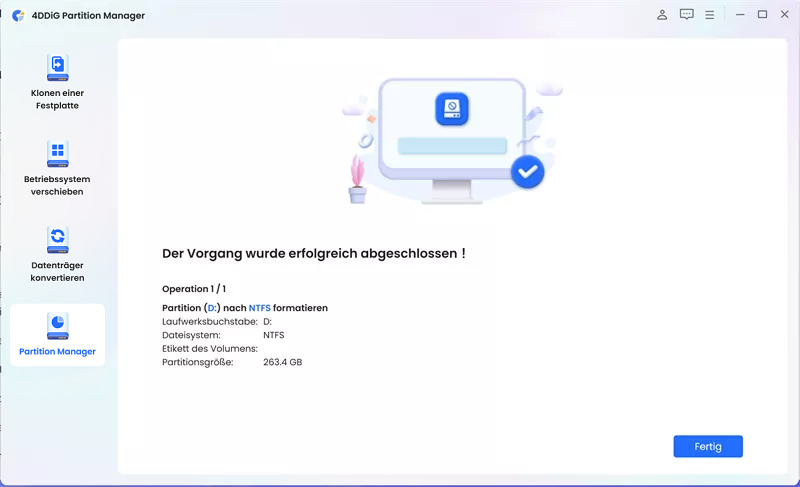 die Partition erfolgreich formatiert wurde