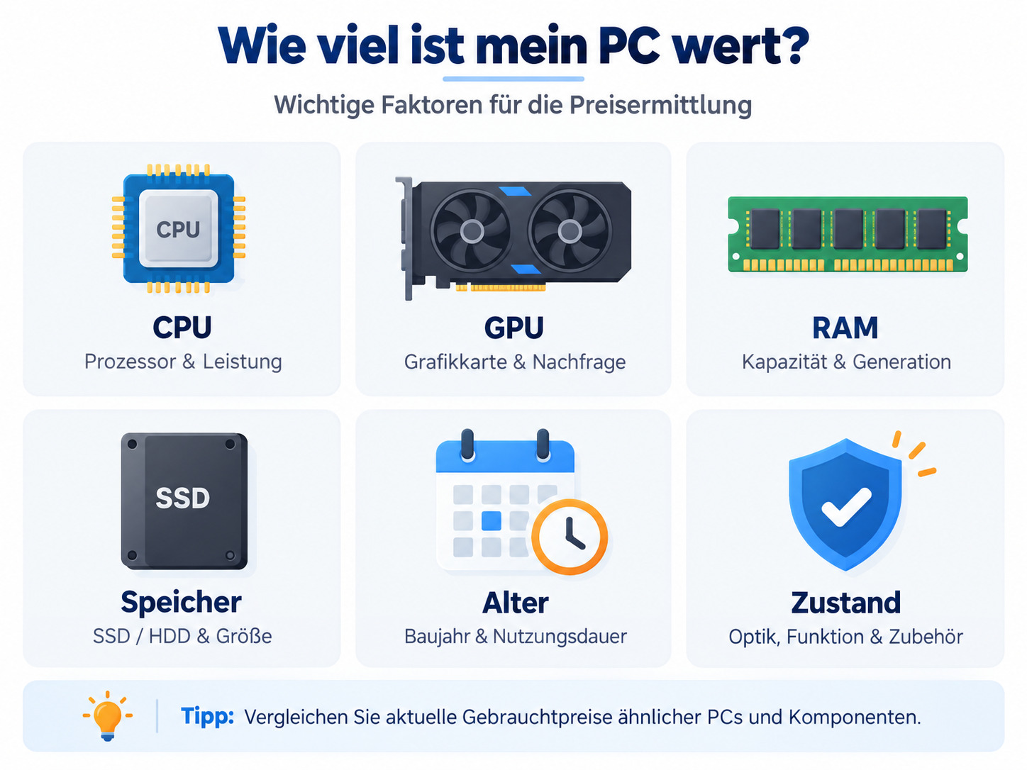 PC Wert ermitteln anhand von CPU, GPU, RAM, Speicher, Alter und Zustand