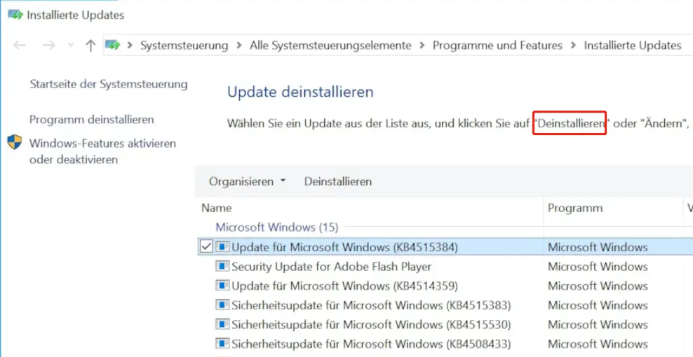 Wählen Sie „Updates deinstallieren“