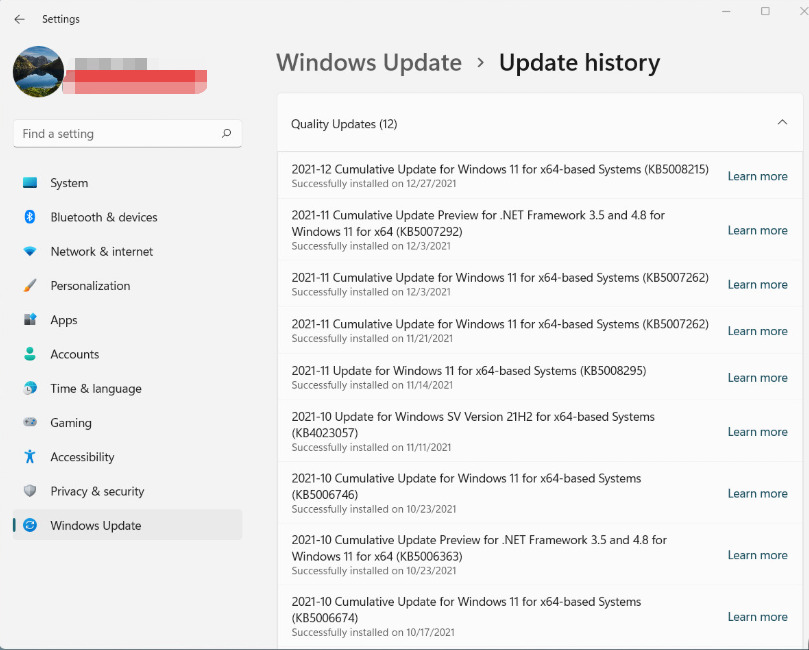 Updateverlauf anzeigen Button in Windows Update