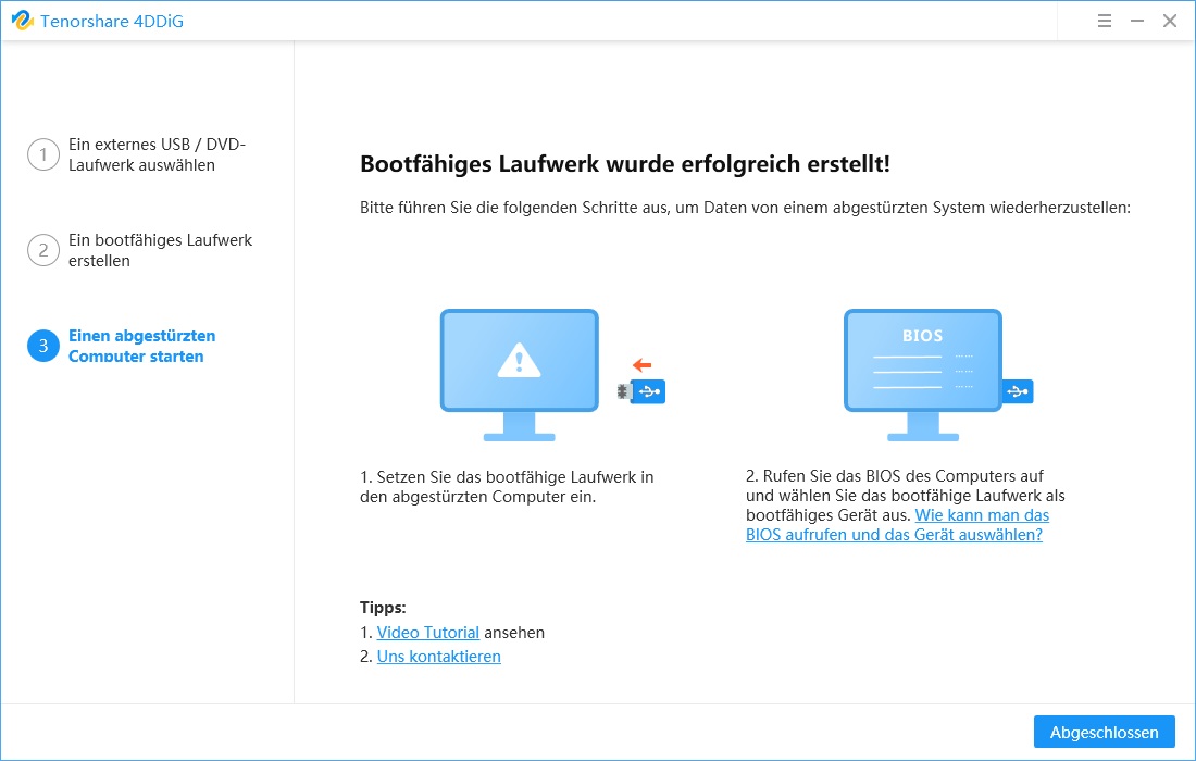 Ein bootfähiges Laufwerk wurde erfolgreich erstellt.