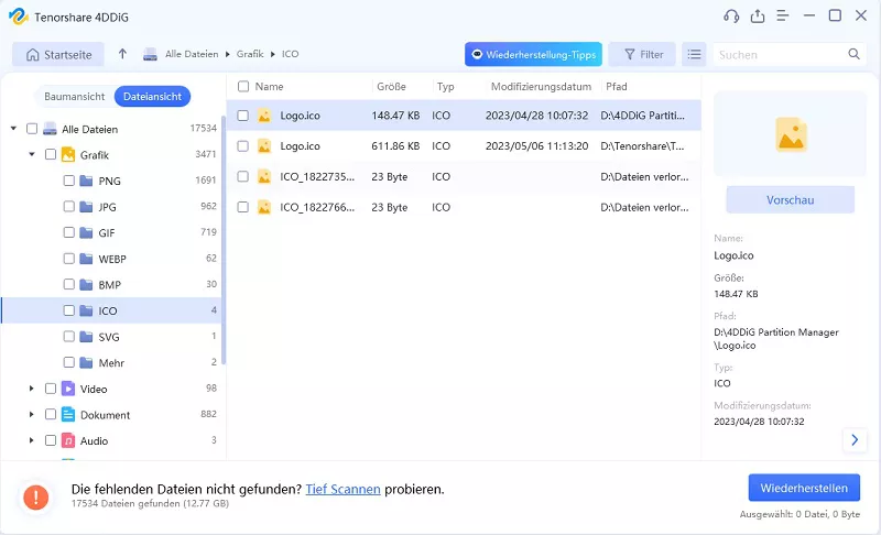 Vorschau und Wiederherstellung von Dateien