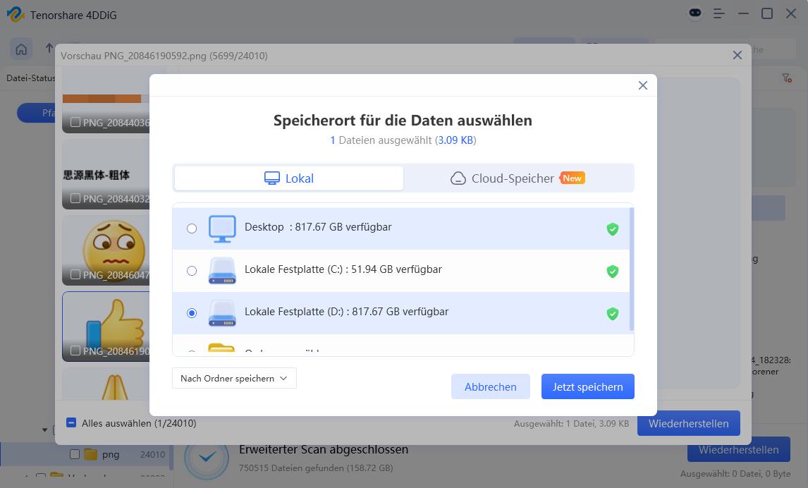 Wiederhergestellte Daten speichern