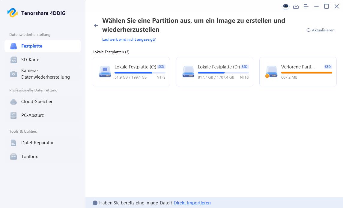 Partition auswählen, um das Abbild zu erstellen