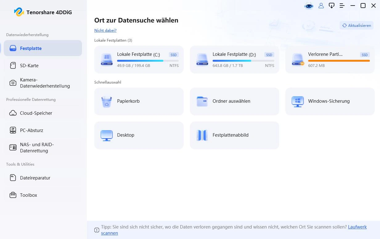 Externe Festplatte in 4DDiG auswählen und Datenrettung starten