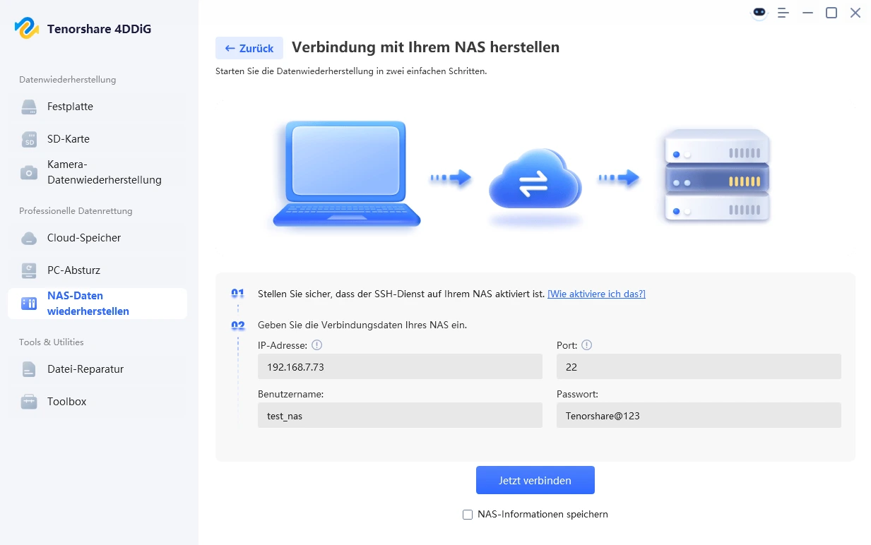 Eingabe der NAS-Informationen für die Verbindung