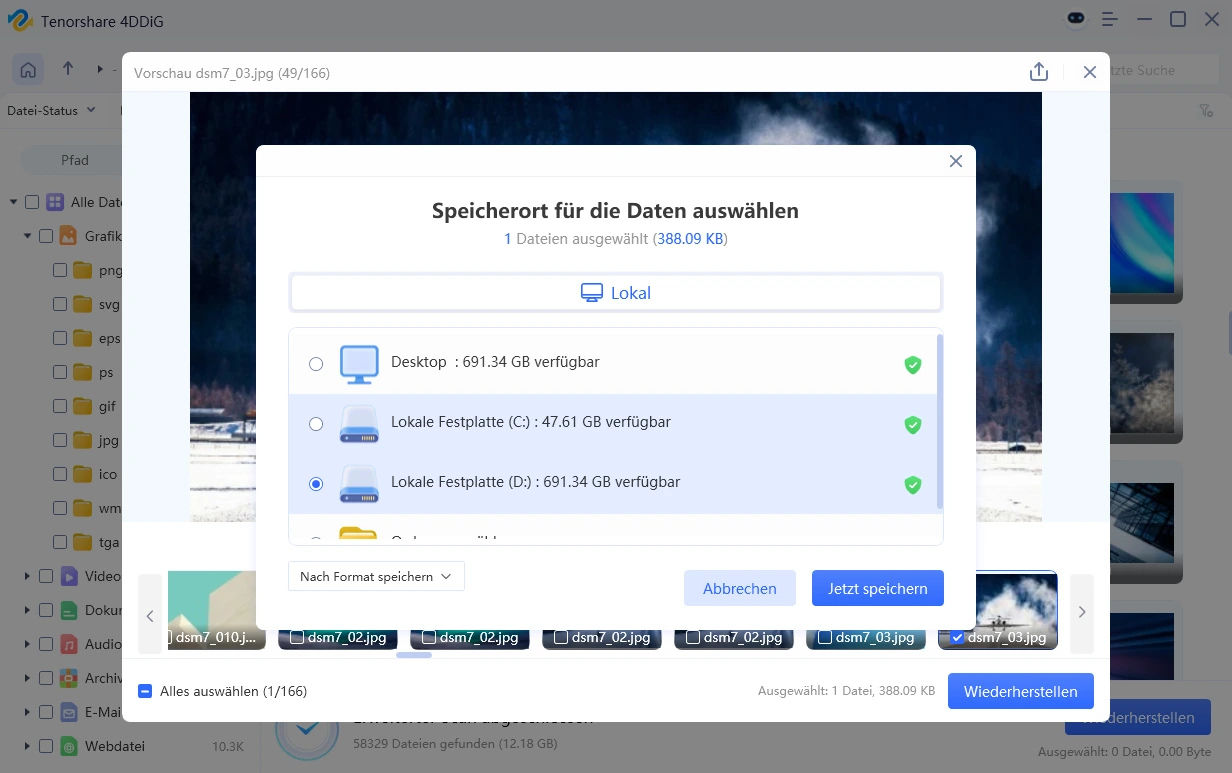 Wiederhergestellte NAS-Dateien speichern