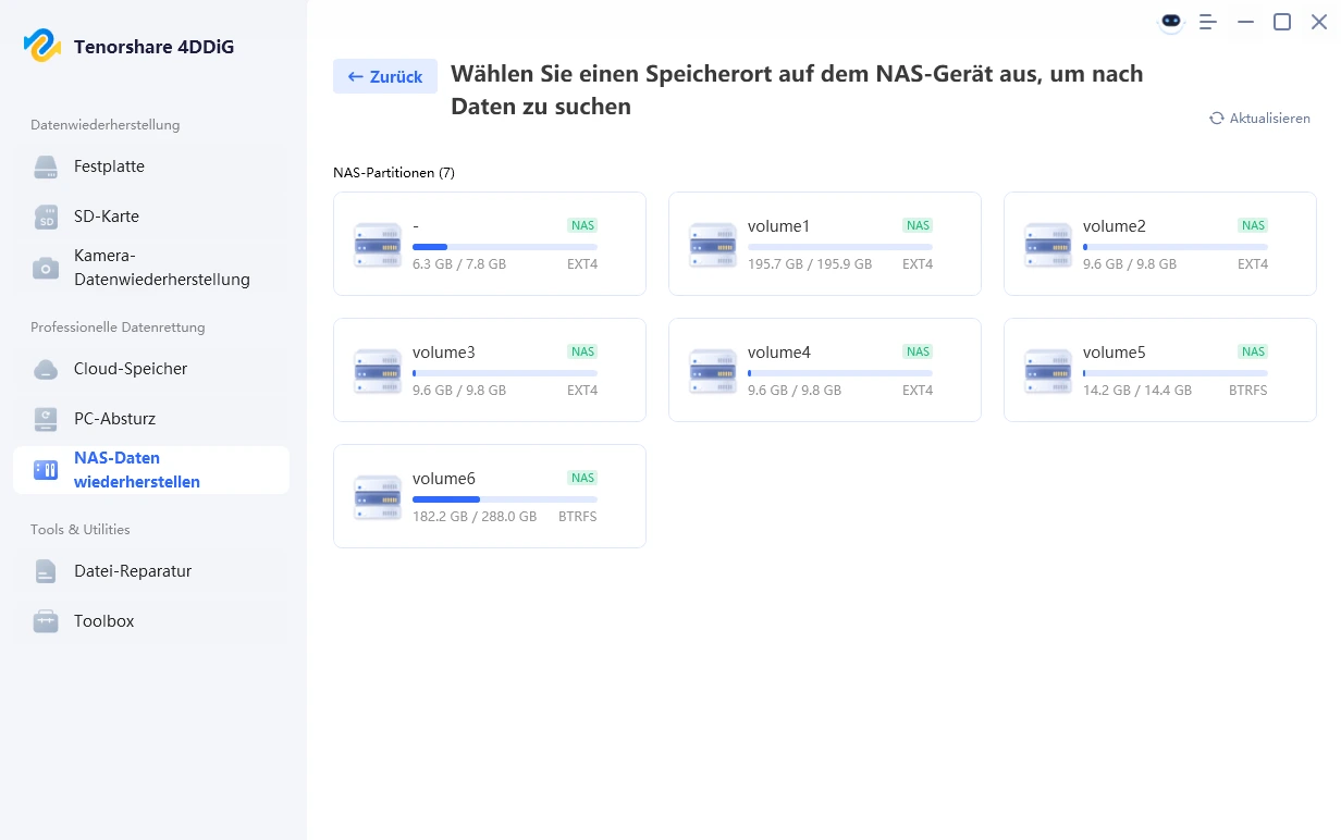 Auswahl eines Speicherorts auf dem NAS