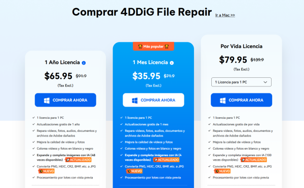 Planes de suscripción de reparación de archivos 4ddig