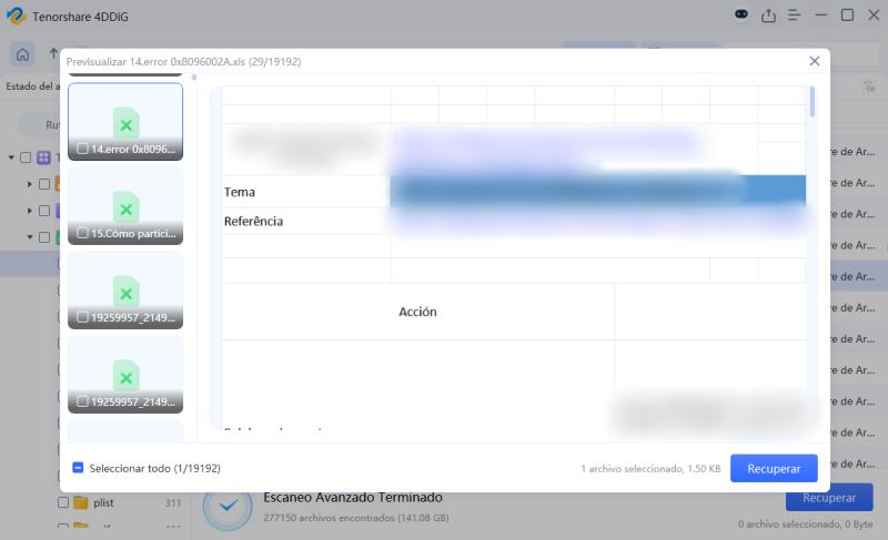 previsualizar el archivo Excel recuperado