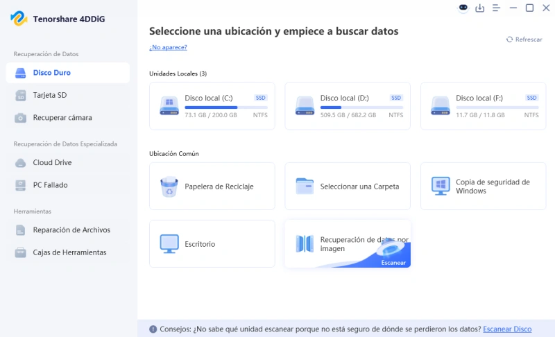 interfaz de recuperación de imagen de disco