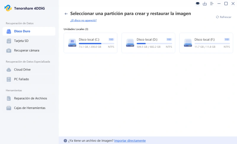 seleccionar una partición para crear imagen