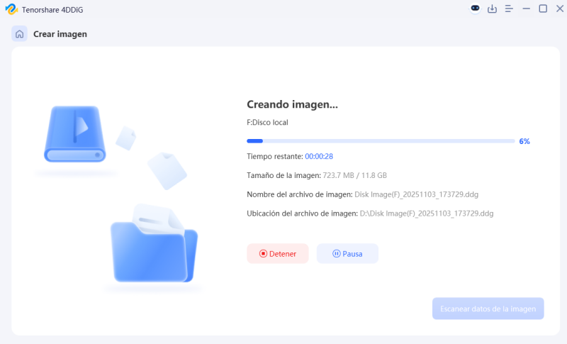 La creación de la imagen de disco comienza automáticamente