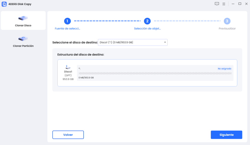 seleccione una nueva tarjeta SD como disco de destino