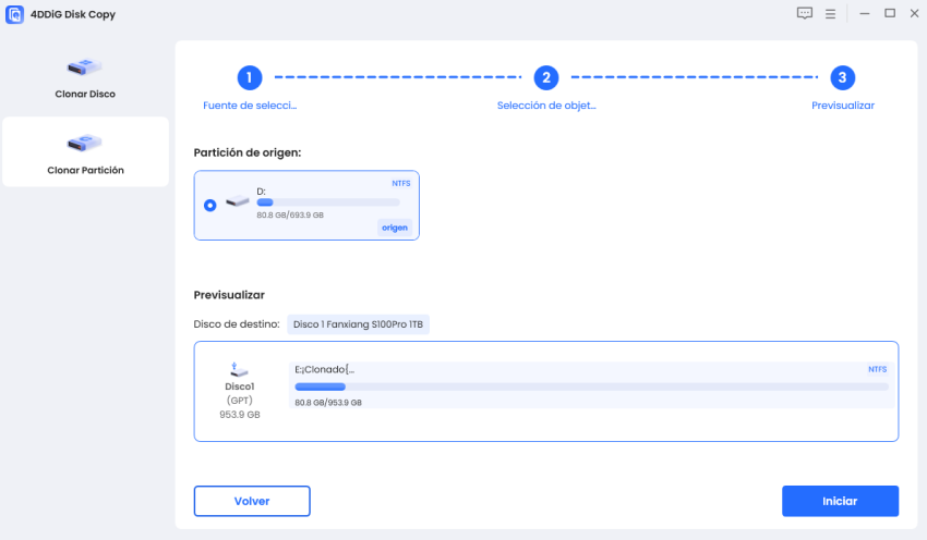 preview and start to clone partition
