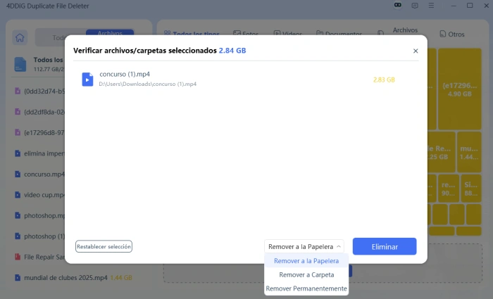 seleccionar opciones de eliminación para archivos grandes