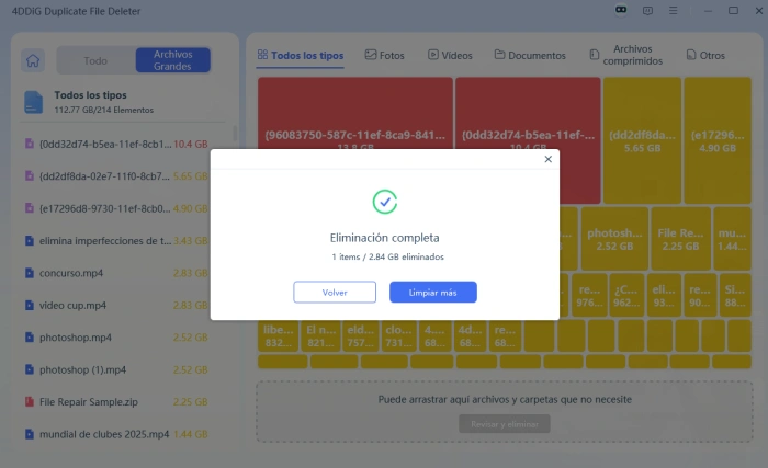 eliminación de archivos grandes completada