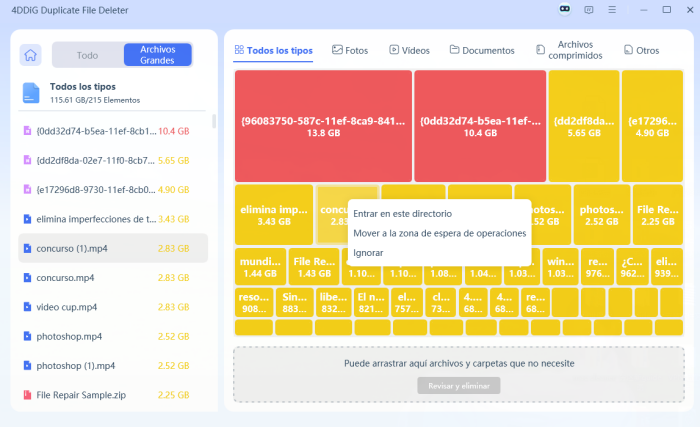 mover archivos grandes no deseados para revisarlos y eliminarlos