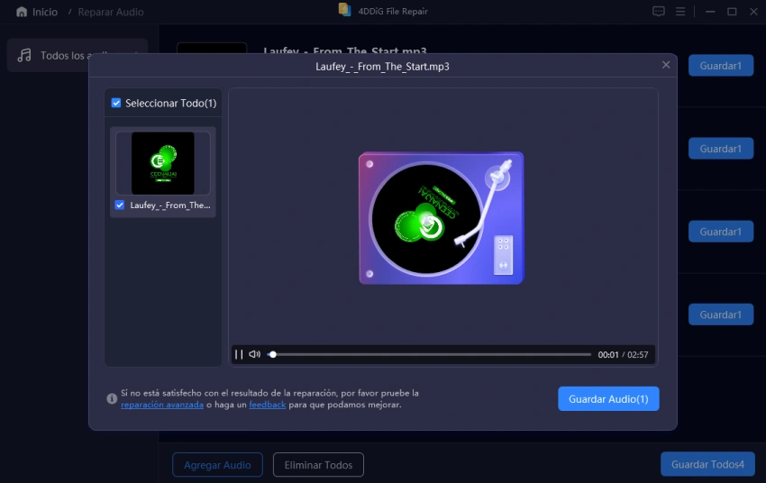 previsualizar o guardar el archivo mp3 reparado