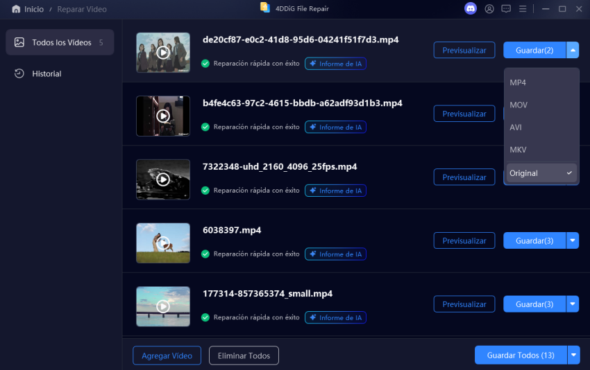 select output format for repaired videos