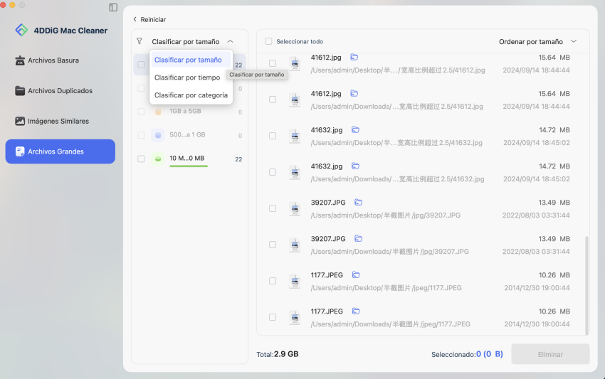 ordenar y localizar archivos DMG grandes