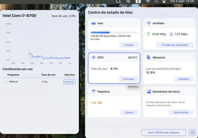 verificar el uso de la CPU y otras fuentes