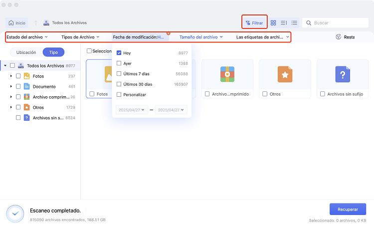 filtrar el tipo de archivo