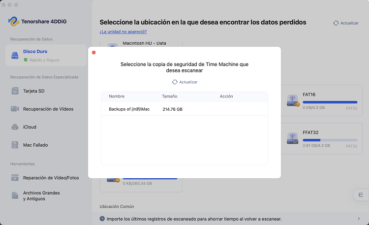 seleccionar una copia de seguridad de time machine