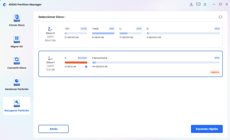 Seleccione la partición en 4DDiG Partition Manager