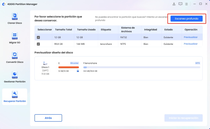 interfaz de encontrar particion