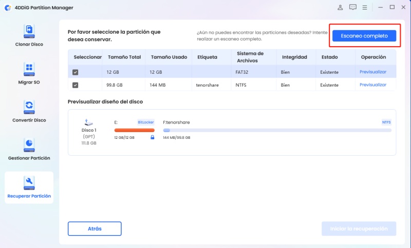 interfaz de encontrar particion