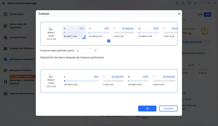 seleccionar la partición que se va a fusionar y hacer clic en Aceptar para ejecutar la operación