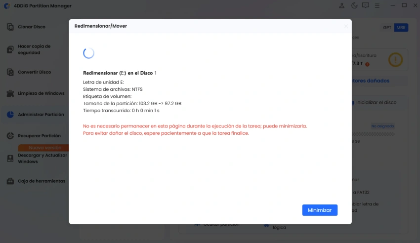 el proceso de cambio de tamaño comenzará