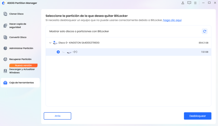 Selecciona la partición protegida por BitLocker