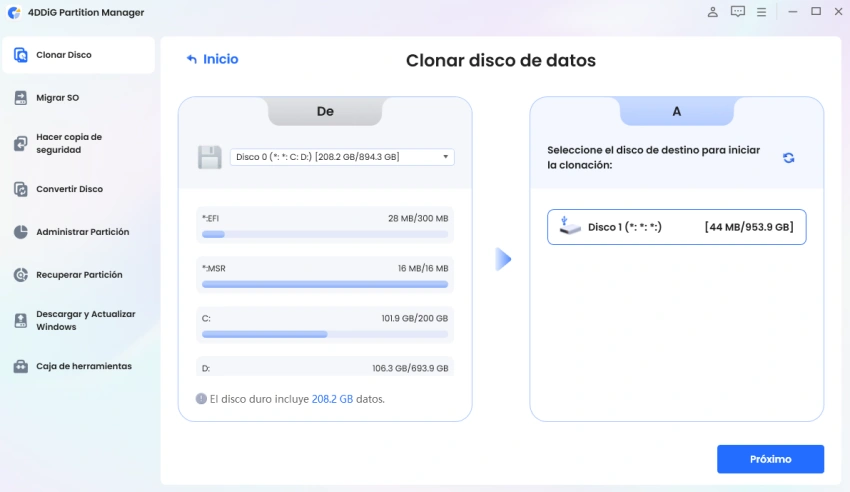 elegir el disco de destino