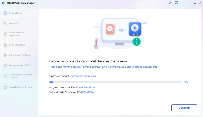la operación de clonación de discos está en curso