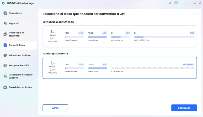 corregir Convertir a disco GPT en gris