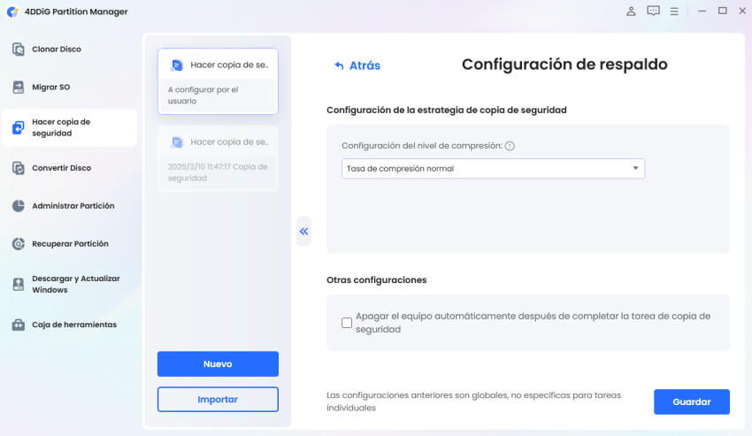 personalizar la configuración de almacenamiento y la ruta