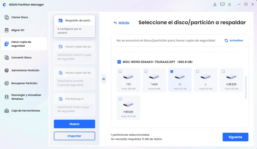 select disk or partition to backup