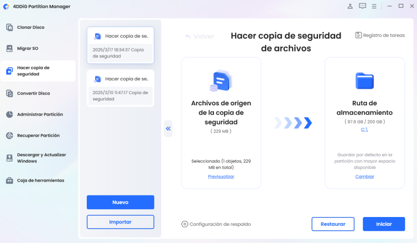 haga clic en restaurar en la sección de copia de seguridad de archivos