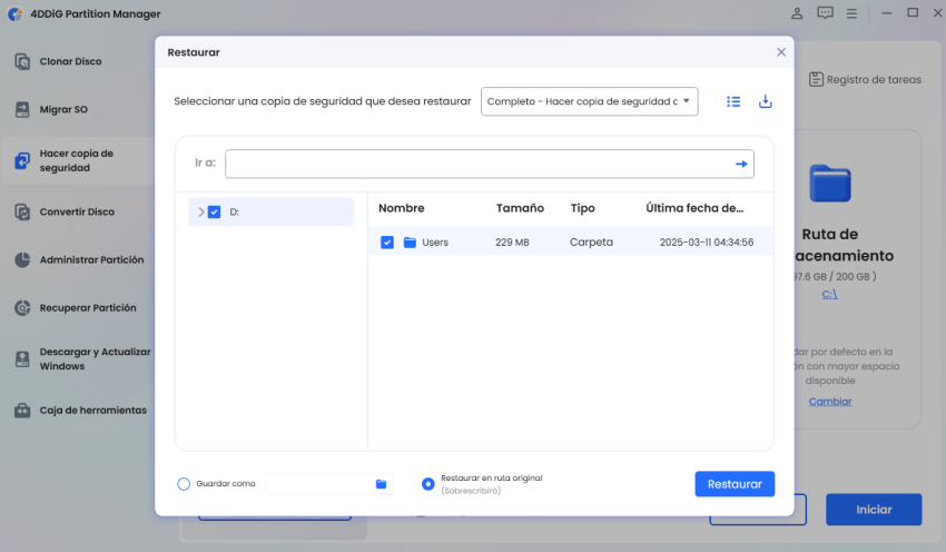 seleccione la ubicación de restauración