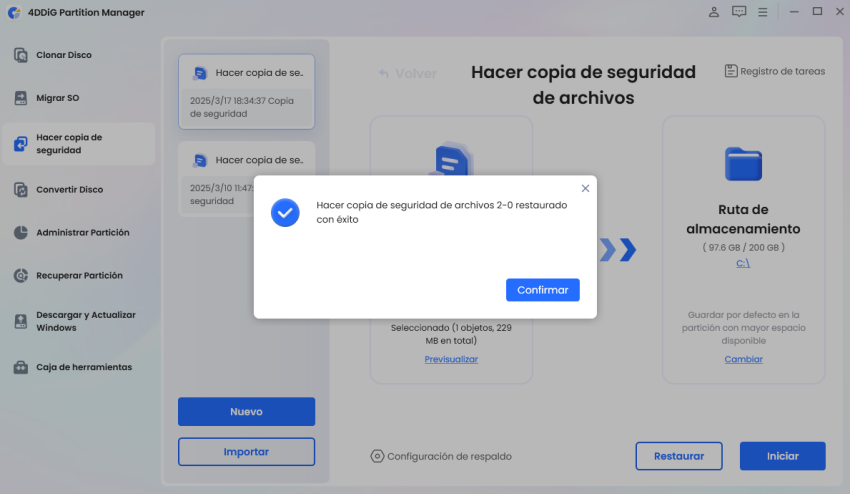 copia de seguridad restaurada