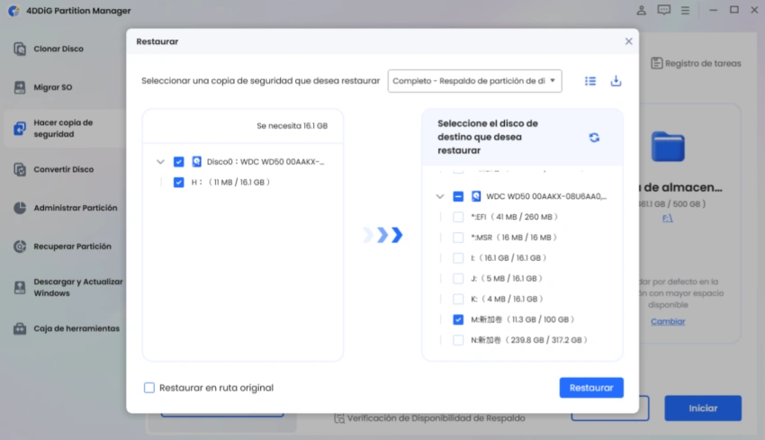 setect the disk or partition backup