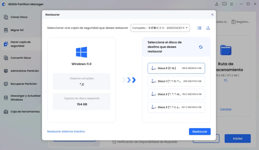 select backup and target disk to restore