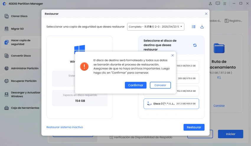 confirm to start restore