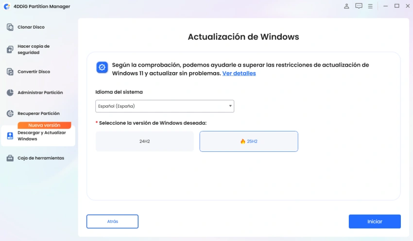 Seleccionar idioma y versión del sistema